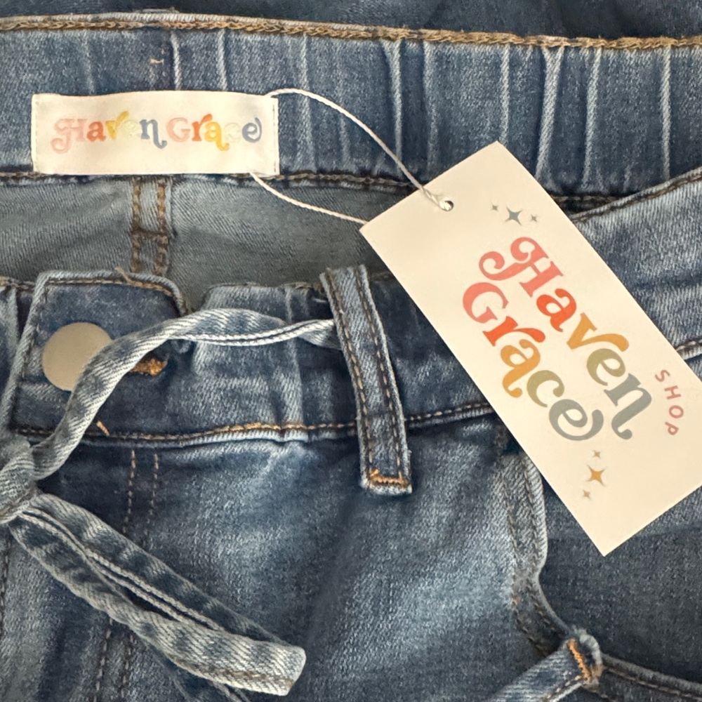 HAVENGRACE Shop Drawstring Wide Leg Medium Wash Denim Jeans